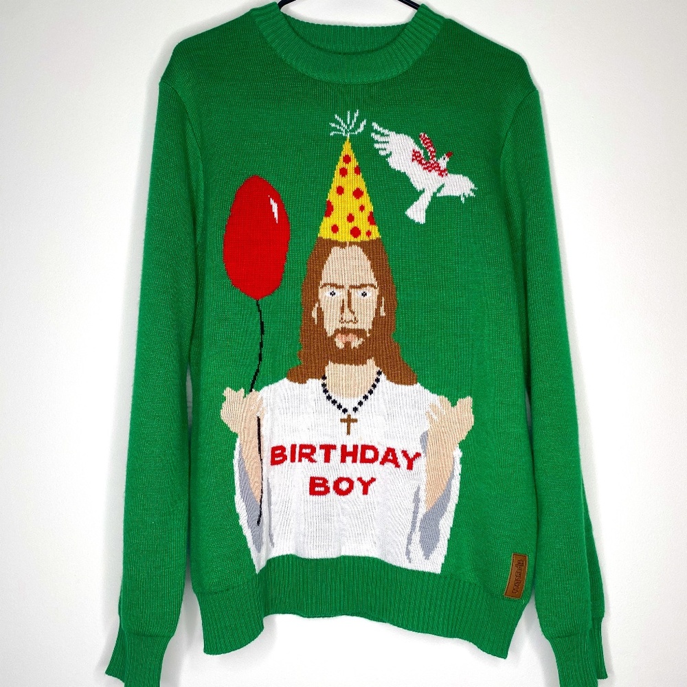 Tipsy Elves "Birthday Boy" Green Funny Jesus Ugly Christmas Sweater